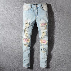 Men's Patchwork Printed Jeans Holes Blue Pants